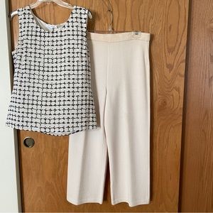 St. John Collection medium silk top with white wool pants size 10P.